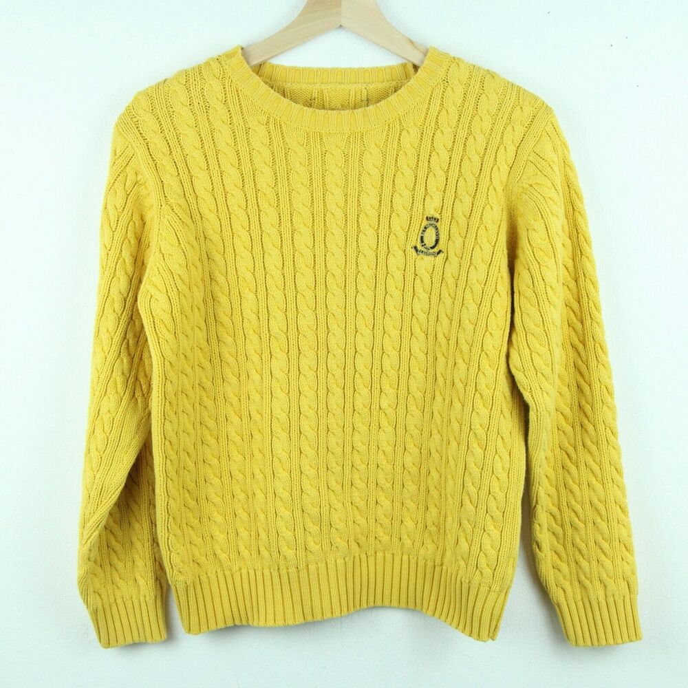 Ralph Lauren P Small Yellow Cable Knit Embroidered Sweater Preppy Vintage 90s